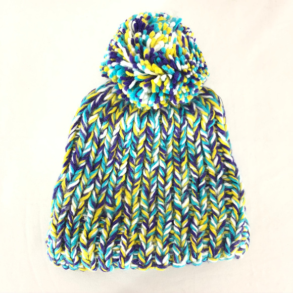 Buff Beanie Hat Knit Handmade Pom Colorful Fleece - Picture 2 of 5